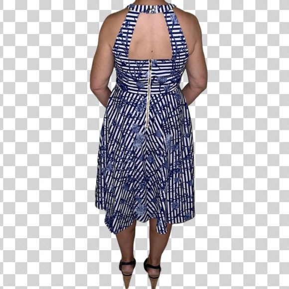 Eliza J * Blue Floral Striped Fit & Flare Halter Dress * Size 8P - Picture 2 of 8